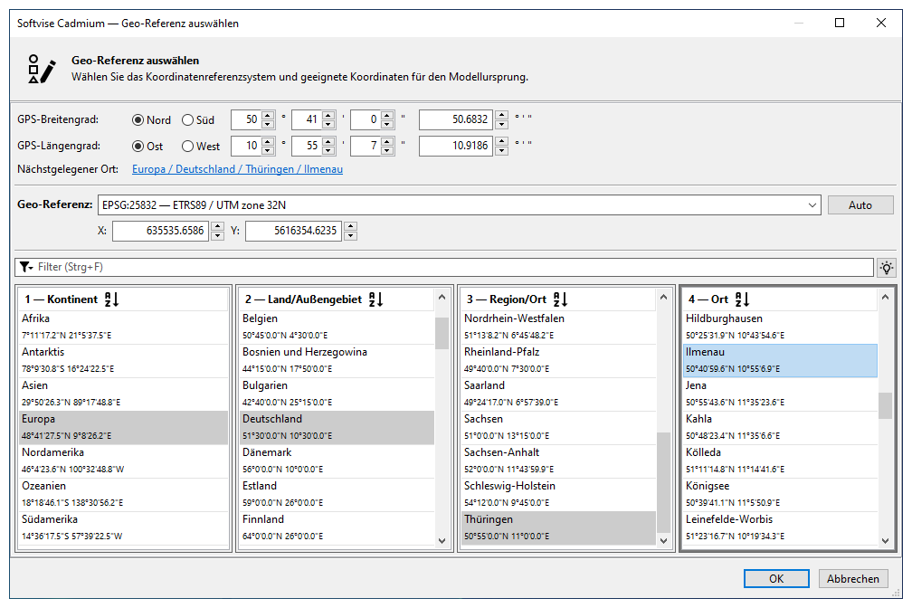 Dialog zur Bestimmung einer Geo-Referenz