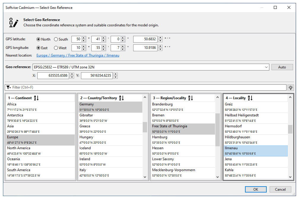 Dialog for determining a geo-reference